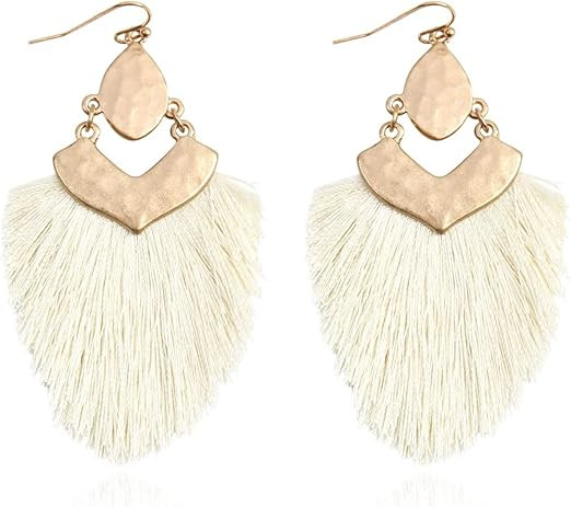Bohemian Silky Thread Fan Fringe Tassel Statement Earrings - Lightweight Strand Feather Shape Dan... | Amazon (US)
