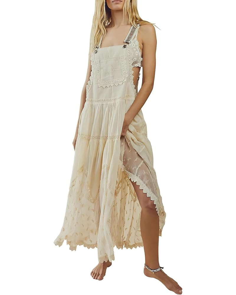 ebossy Women's Laced Embroidered Tulle Bib Dress Casual Loose Adjustable Straps Maxi Dress | Amazon (US)