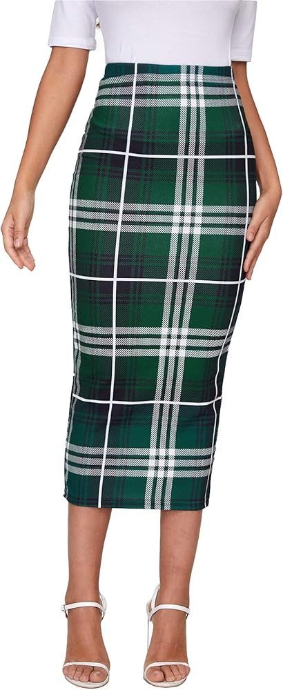 Verdusa Women's Elegant Plaid Elastic Waist Bodycon Midi Skirt | Amazon (US)