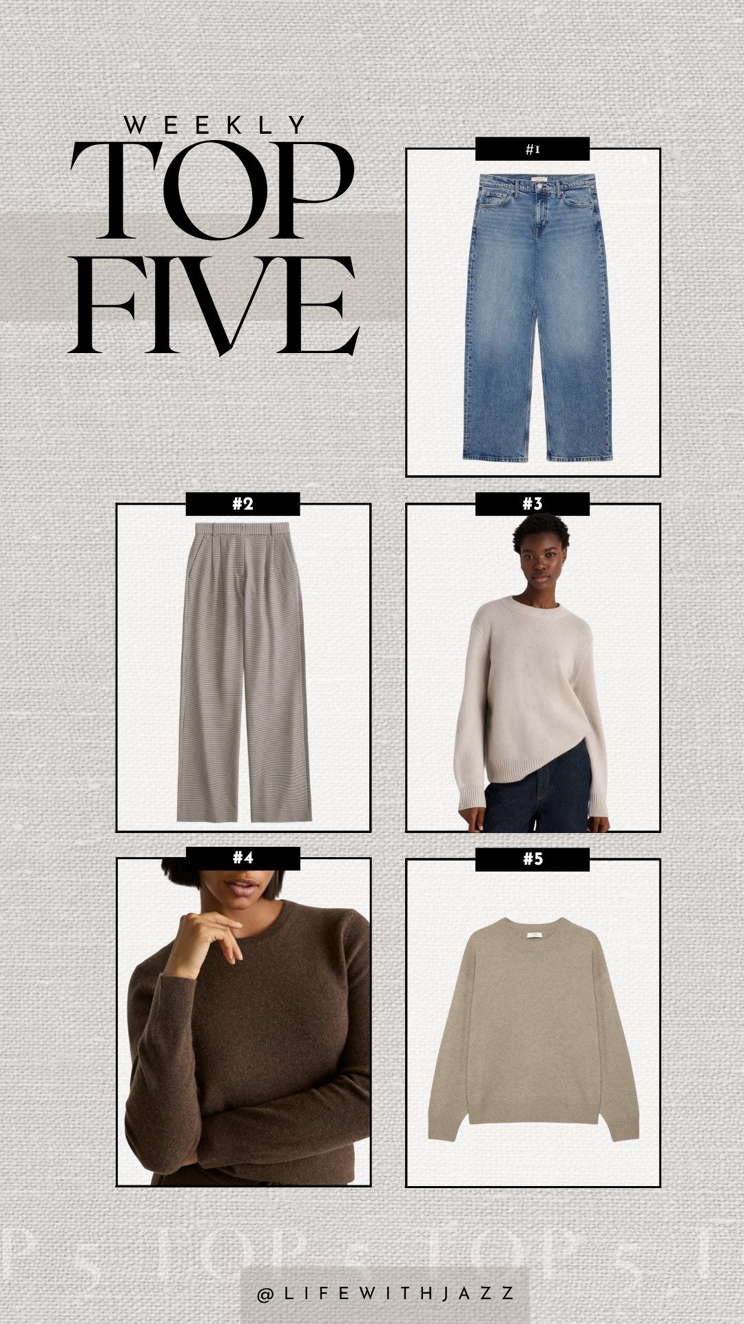 this week's bestsellers: 

1. BR mid rise loose jeans 
2. Abercrombie sloane tailored pants -- under $100, petite-friendly
3. Quince oversized cashmere sweater -- runs oversized 
4. Quince cashmere crewneck -- comes in 15+ colors 
5. Aritzia cashmere sweater -- beautiful quality, comes in several colors 

 #LTKSeasonal