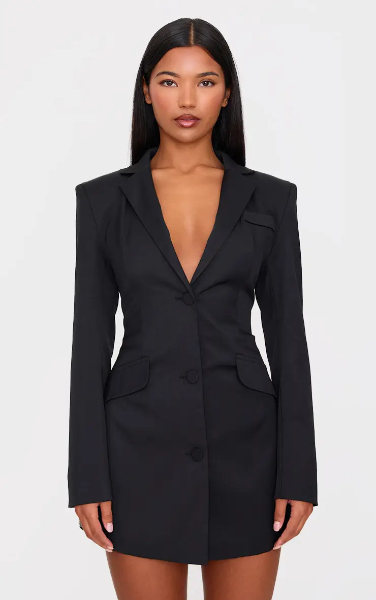Black Woven Cinched Waist Blazer Dress | PrettyLittleThing US