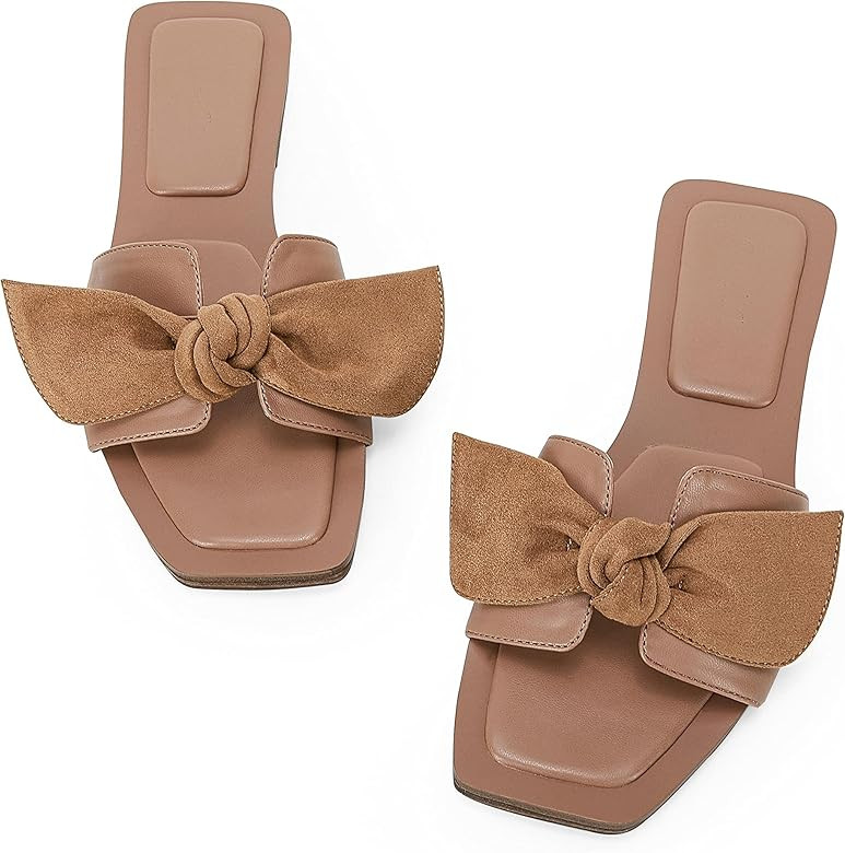 LAICIGO Womens Square Open Toe Slide Sandals Bowknot Slip-on Slingback Faux Suede Summer Flats Sa... | Amazon (US)