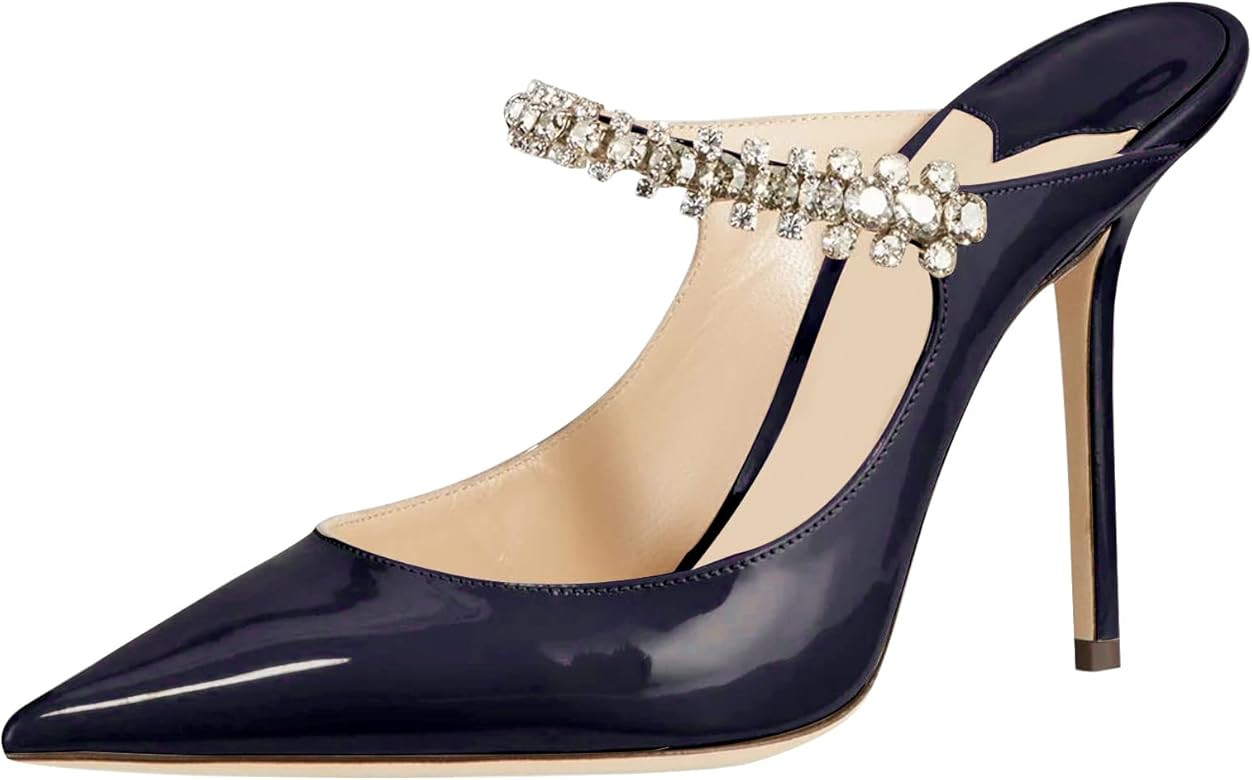 MIRAAZZURRA Women Heeled Mules Rhinestone Strappy Pointed Toe Mules Stiletto High Heels Slip On B... | Amazon (US)