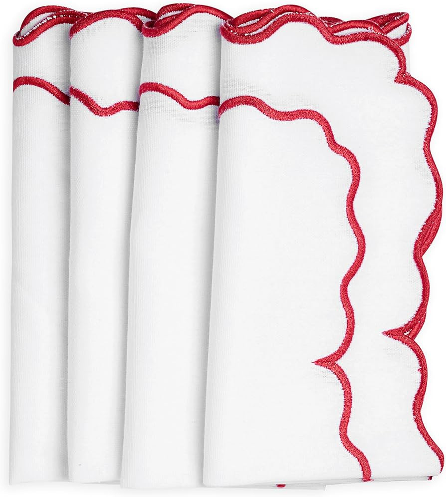 Red and White Napkins, Scalloped Napkins Cloth, Embroidered Napkins, 100% Cotton Napkins, White L... | Amazon (US)