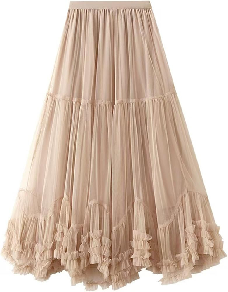 COZYPOIN Maxi Tulle Skirts for Women Elastic High Waisted A Line Long Layered Tutu Mesh Ruffles T... | Amazon (US)