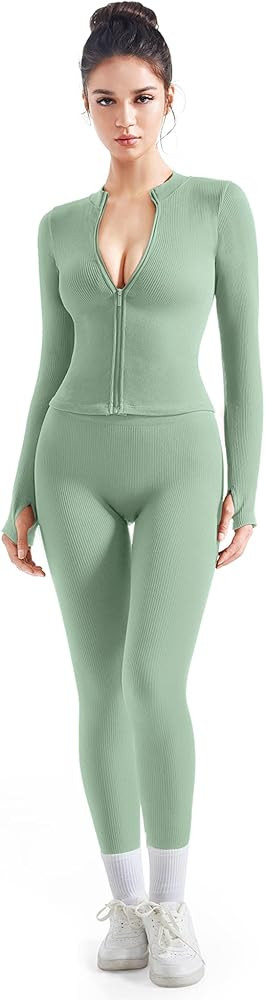 SUUKSESS Women 2 Piece Seamless Ribbed Workout Sets With Zip Up Jacket High Waisted Gym Yoga Legg... | Amazon (US)