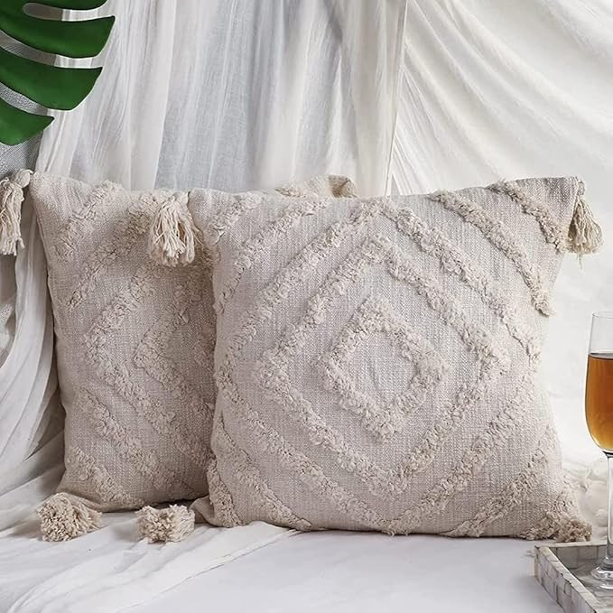 Oparun Box Set of 2 Boho Throw Pillow Covers for Couch, 18 x 18 Inch Textured Boho Pillow, Hand-W... | Amazon (US)