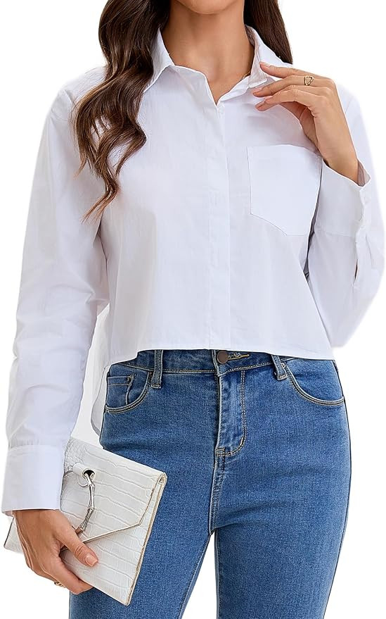 Womens Cropped Button Down Shirts 2025 Fall Trendy Casual Long Sleeve Crop Tops Button up Lapel B... | Amazon (US)