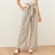 Paperbag Waist Belted Striped Pants | SHEIN