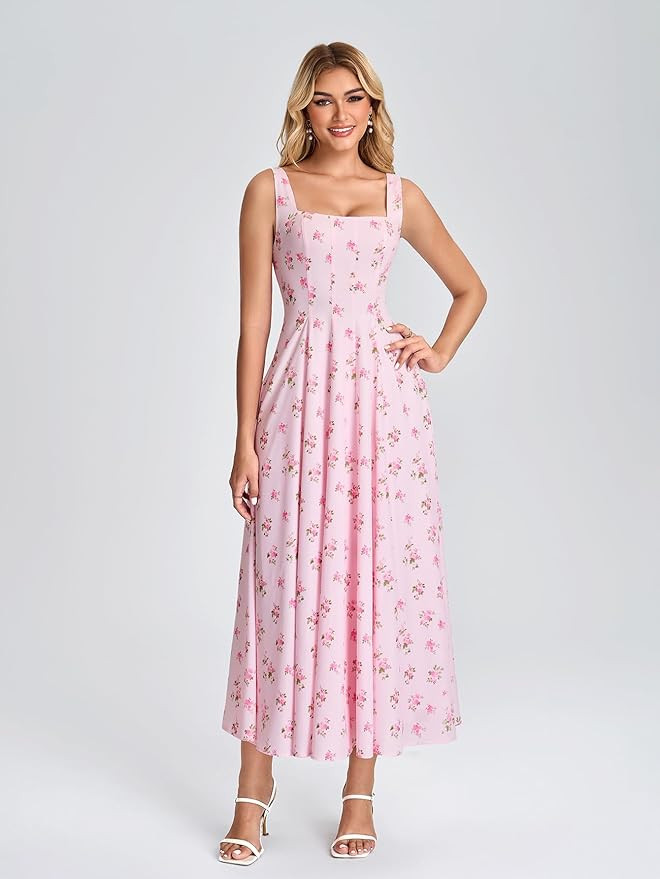 Floral Midi Dress Casual Lace Up Flowy A Line Square Neck Wedding Guest Summer Dress for Women 20... | Amazon (US)