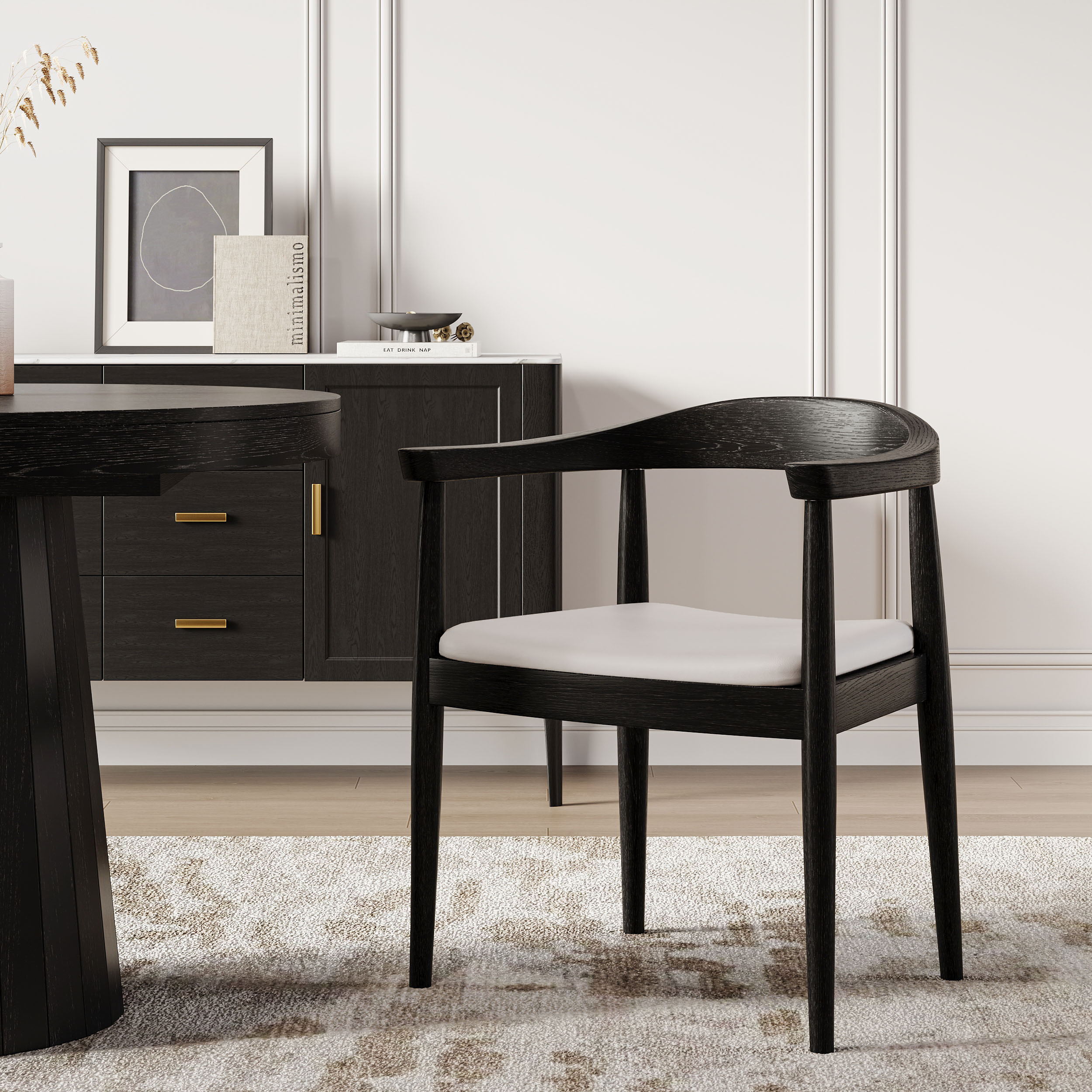 Modern Curved Back Dining Chair Upholstered Performance Leather Black Wooden Armchair | Homary