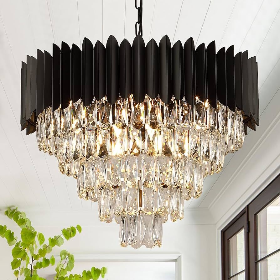 Black Crystal Chandeliers Modern Round Chandeliers 24" Dimmable 12 Lights Ceiling Pendant Light F... | Amazon (US)