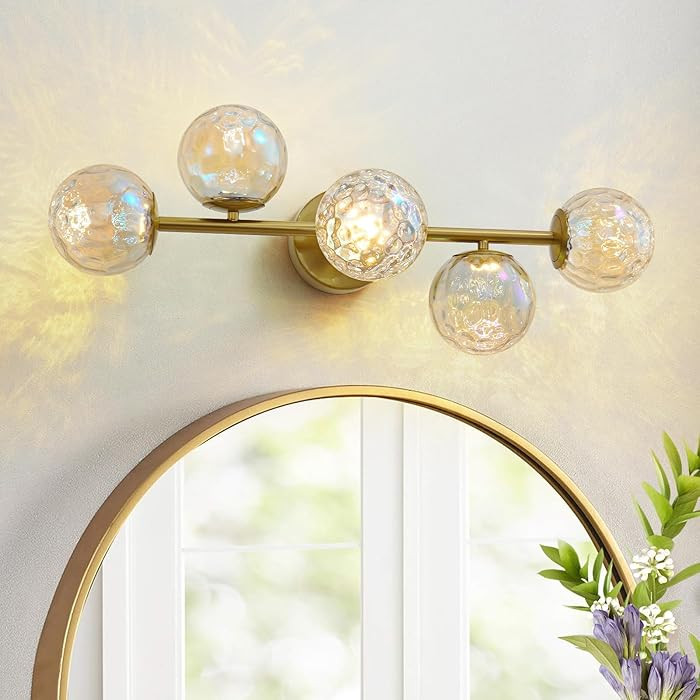 Gold LED Bathroom Vanity Light: 5-Light Stained Hammered Glass Colorful Globes Brass Vanity Light... | Amazon (US)