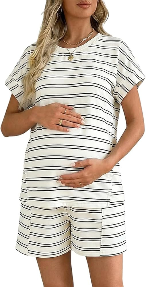 BLENCOT Women's Maternity Two Piece Lounge Set Textured Striped Tee Top and Shorts Pregnancy Summ... | Amazon (US)