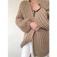Cozy Knit Cardigan, Chunky Cable Sweater, Long Oversized Beige Wool Hand Cardigan | Etsy (US)