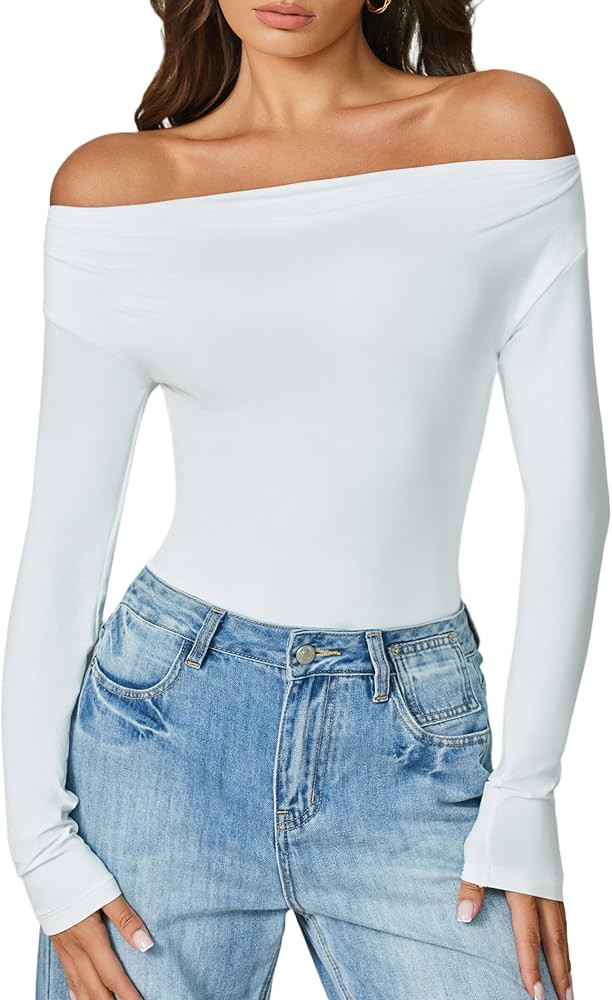 Avidlove Women Off the Shoulder Long Sleeve Bodysuit Double Lined Thong Body Suits Tops Soft Sexy... | Amazon (US)