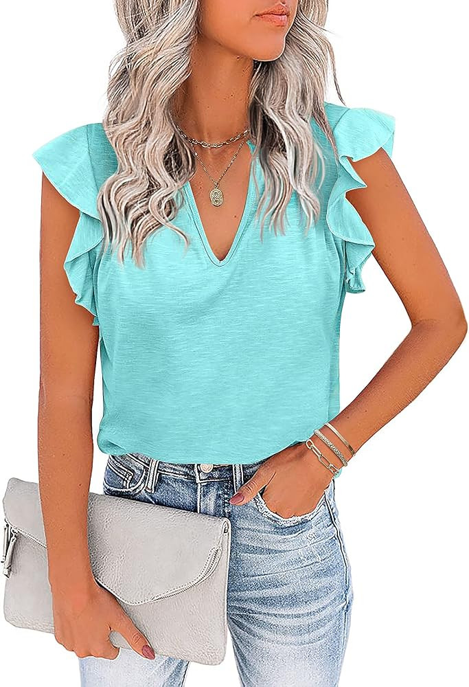 Zeagoo Women's Casual Ruffle Sleeve Summer Tops Sexy V Neck Tank Tops Shirts Short Sleeve Loose T... | Amazon (US)