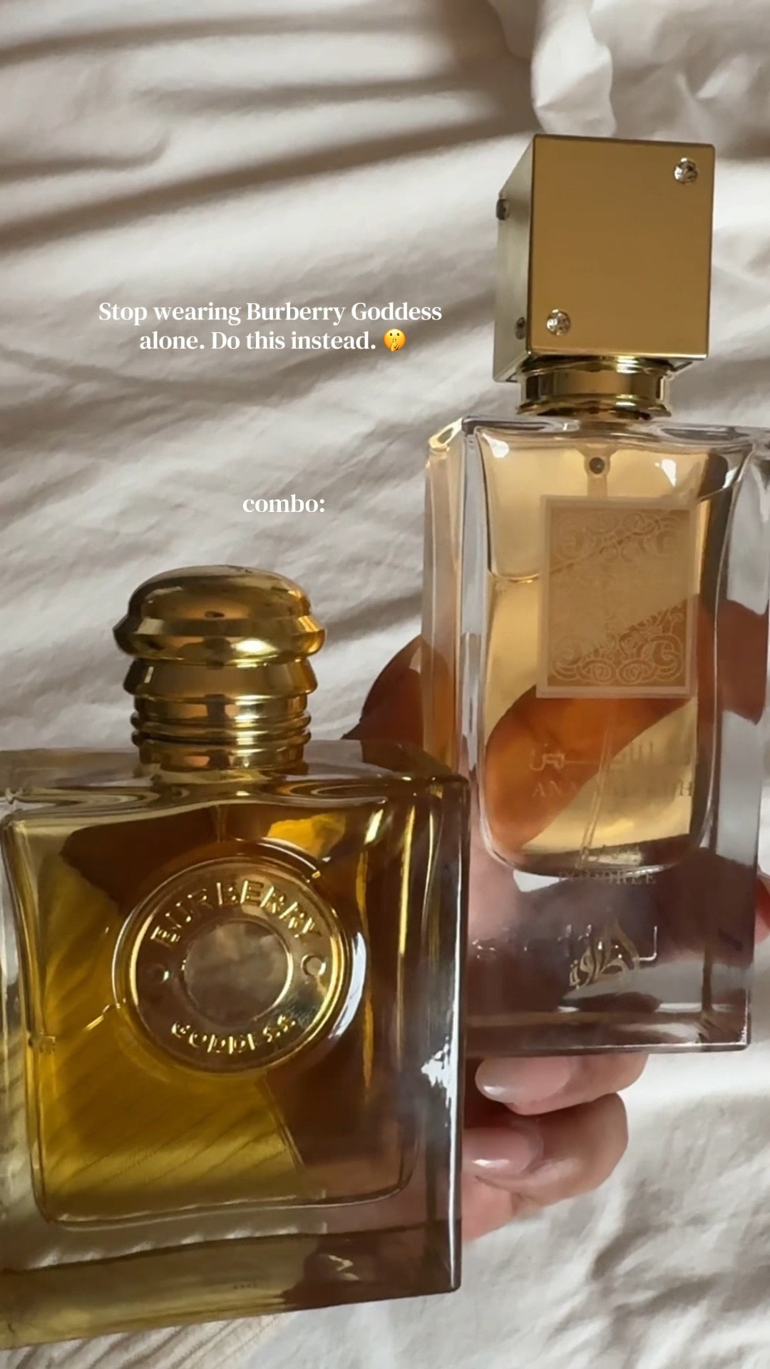 Soft, clean, and perfectly blended.
Layering Burberry Goddess edp + Lattafa Ana Abiyedh Poudrée for a powdery vanilla skin scent. It feels smooth, airy, and elevated, not heavy, not too sweet. 💎✨

If Burberry Goddess feels a little sharp on you, this combo softens it instantly!  