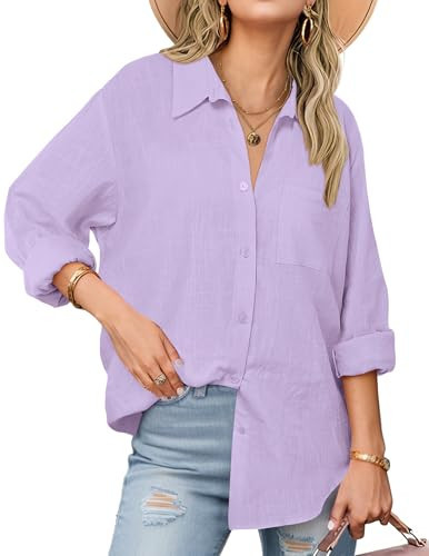 Zeagoo Lavender Linen Shirt Women Ladies Button Dwon Tops and Blouses Long Sleeve Lavender | Amazon (US)