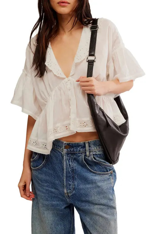 Free People Elle Eyelet Detail Cotton Top in Optic White at Nordstrom, Size X-Large | Nordstrom