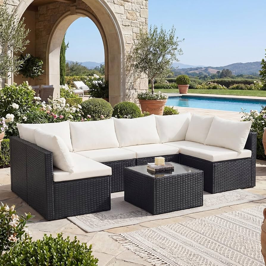 DUMOS 7 Piece Outdoor Patio Sectional Sofa, Modular Wicker Furniture Set with 2.8" Thick Cushions... | Amazon (US)
