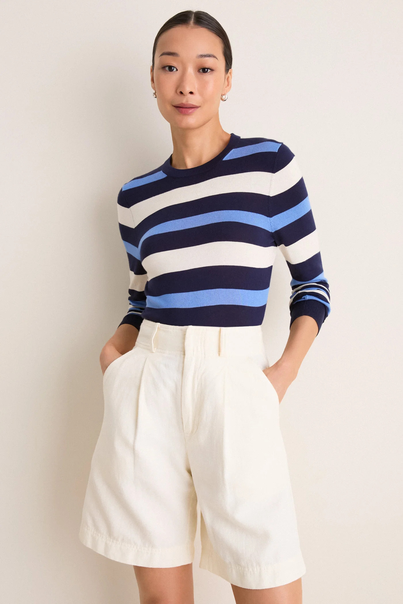 Navy Blue Striped Cashmere Silk Long Sleeve Katie Tee | Tuckernuck (US)