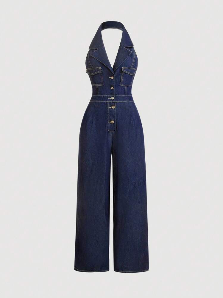 SHEIN MOD MOD Women's Halter Neck Backless Denim Jumpsuit | SHEIN