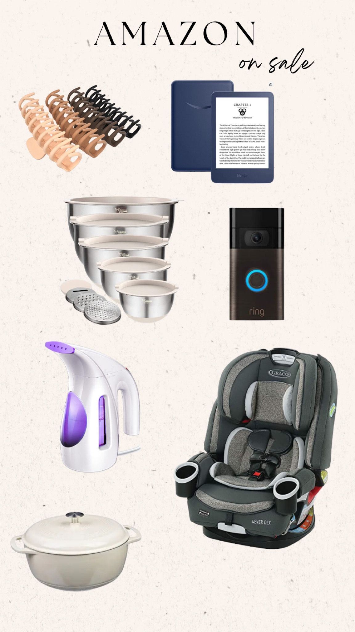 On sale at Amazon

Hair clips 
Ring doorbell
Kindle e reader 
Convertible car seat 
Portable steamer 
Stacking kitchen bowls 

#LTKsalealert #LTKSale #LTKunder100