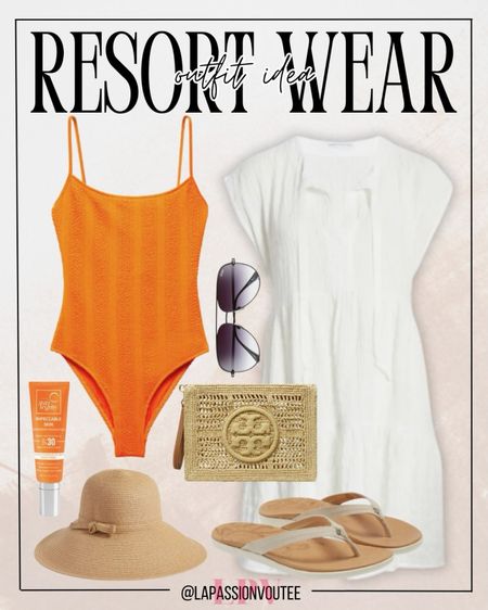 Dive into elegance with a textured one-piece swimsuit and a flouncy cover-up, complemented by stylish sunglasses and a crochet wristlet. Top off the ensemble with a packable floppy hat for sun protection and flip flops for beachside ease. Effortless glamour meets beach-ready comfort in this resort-worthy ensemble.

#LTKSeasonal #LTKswim #LTKstyletip