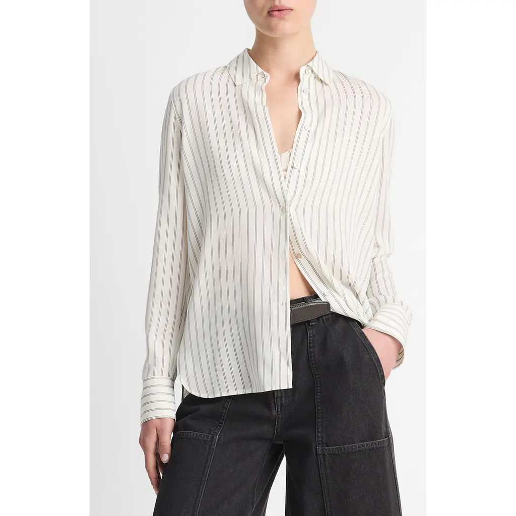 Vince Stripe Stretch Silk Button-Up Shirt in Pale Bone at Nordstrom Rack, Size Large | Nordstrom Rack