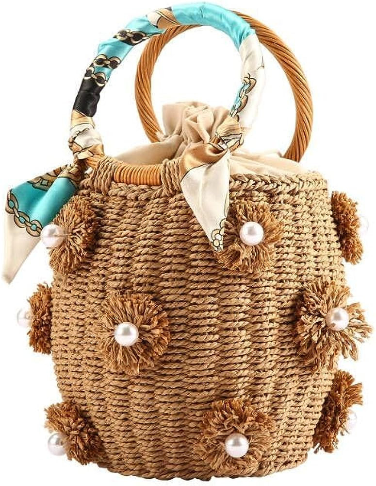 NIBD Flower Pearls Rattan Tote Bag Summer Beach Drawstring Straw Bucket Bag Diamonds Woven Handba... | Amazon (US)