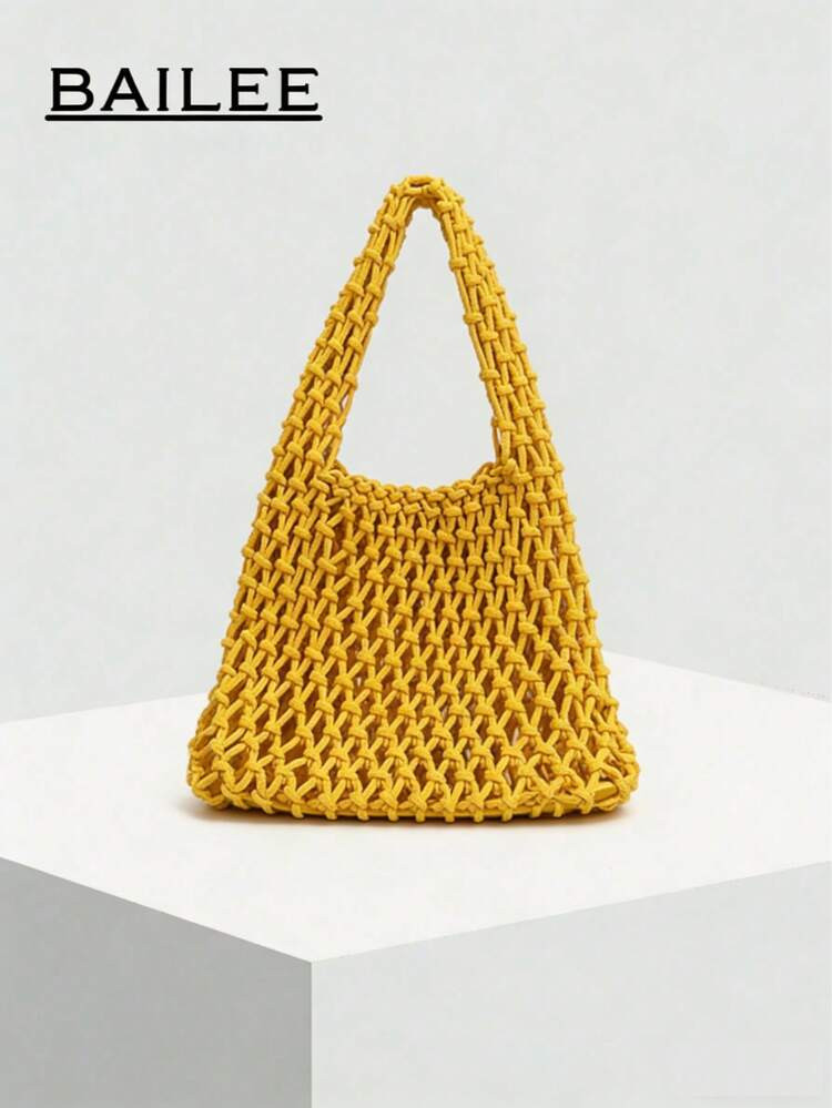 BAILEE 1 Set Polyester Crochet Mesh Bottom Multi-Color Solid Knitted Tote Bag, Quilted Diamond Pa... | SHEIN