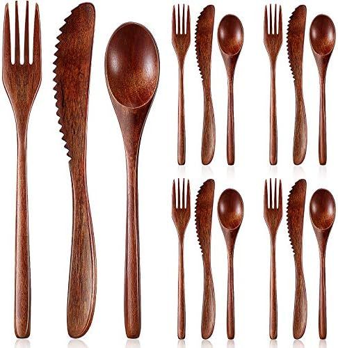 12 Pieces Wooden Spoon Fork Knife Cutlery Set Wooden Dinner Utensil Set Kitchen Wooden Flatware T... | Amazon (US)