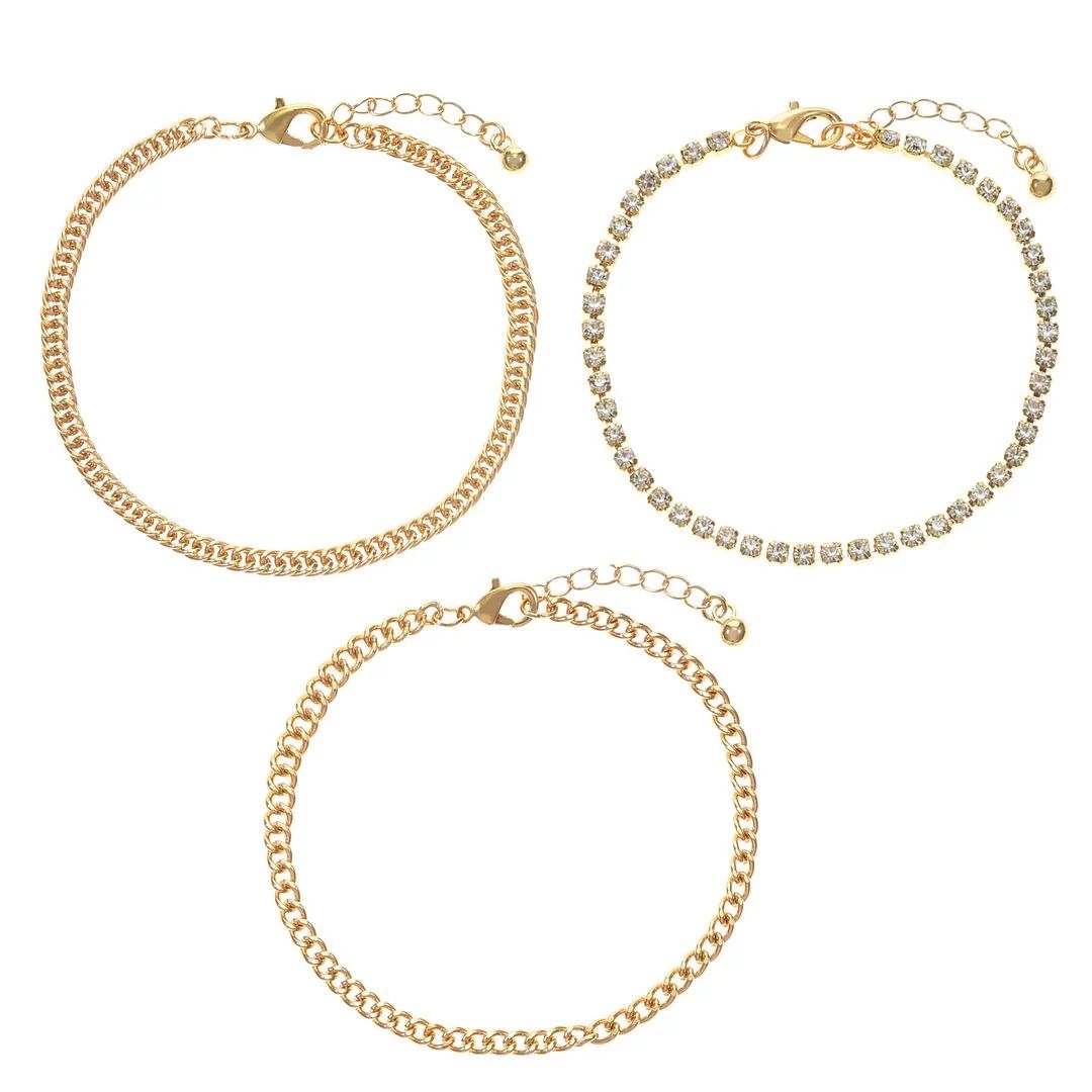 Time and Tru Women's Gold Tone and Cubic Zirconia Bracelet Set, 3-Piece | Walmart (US)