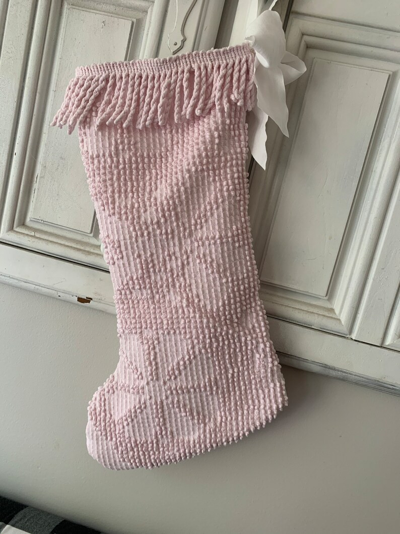 Chenille Christmas stocking, pink  Christmas stocking, farmhouse inspired stocking, farmhouse dec... | Etsy (US)