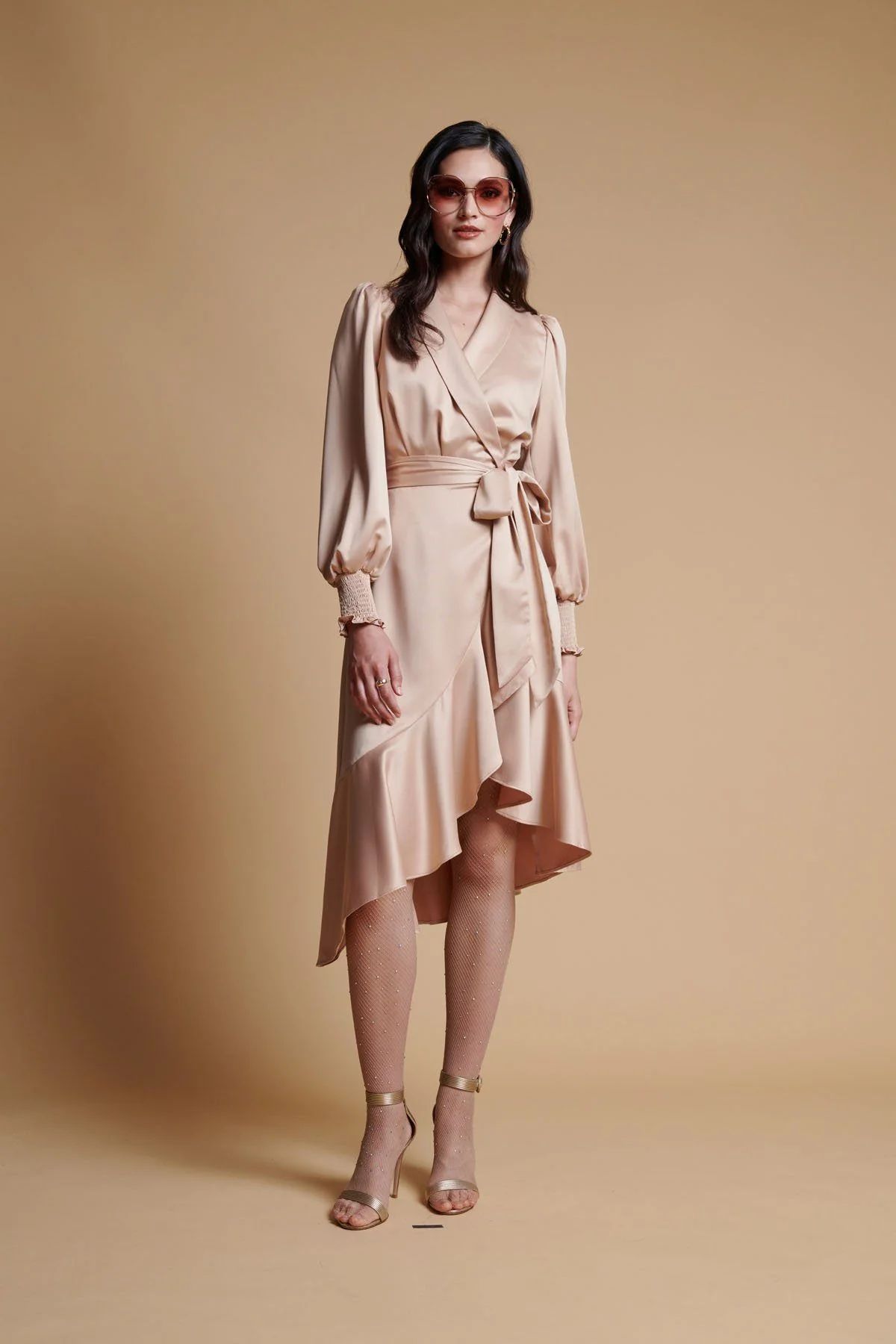 Long Sleeve Satin Wrap Dress - Gilded Beige | Rachel Parcell