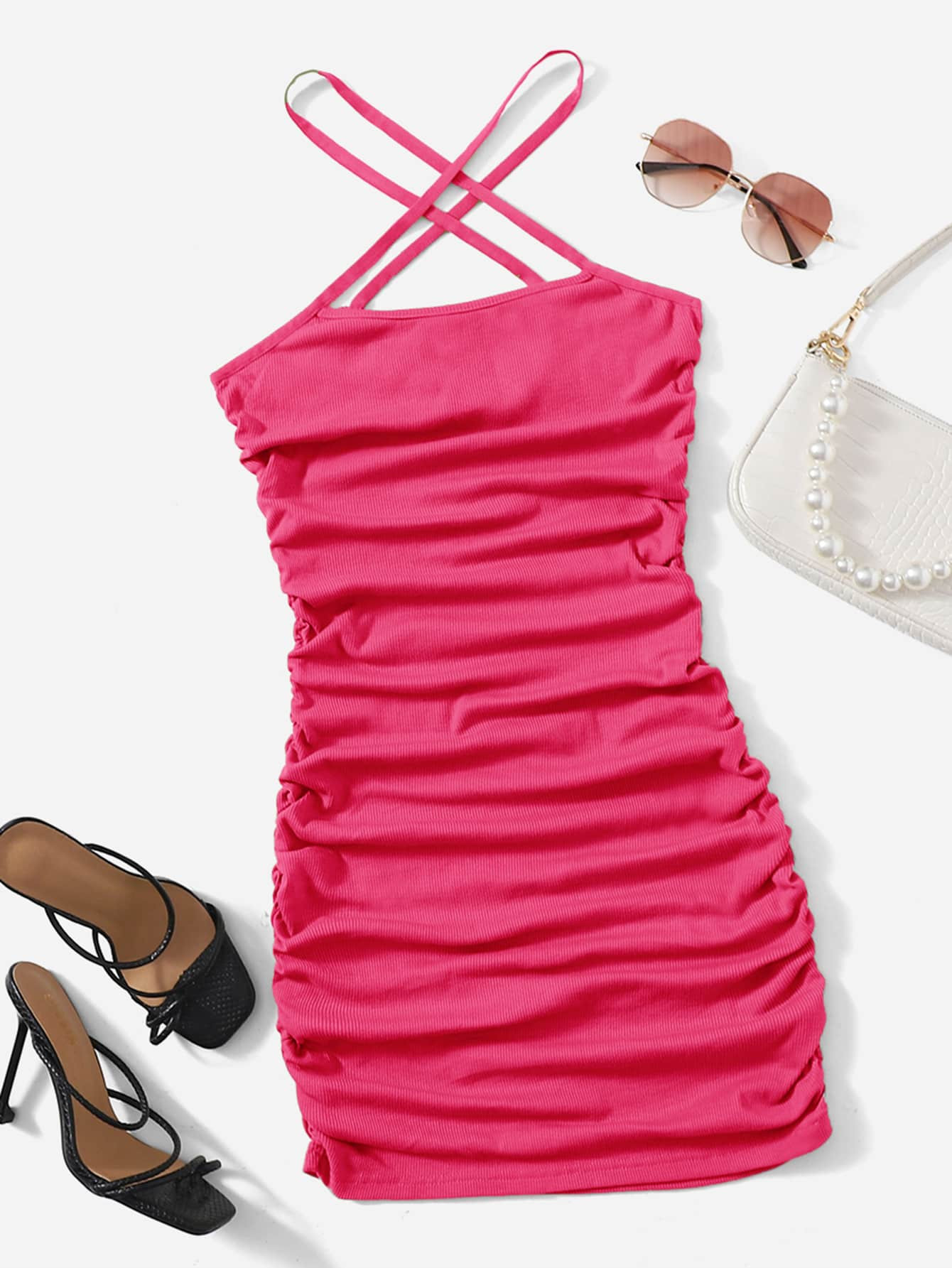 SHEIN Ruched Detail Cross Halter Dress | SHEIN