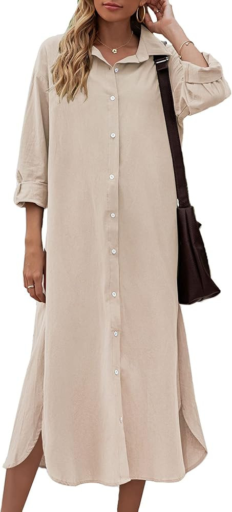 Sopliagon Women Cotton and Linen Shirt Dress Casual Loose Maxi Dresses | Amazon (US)