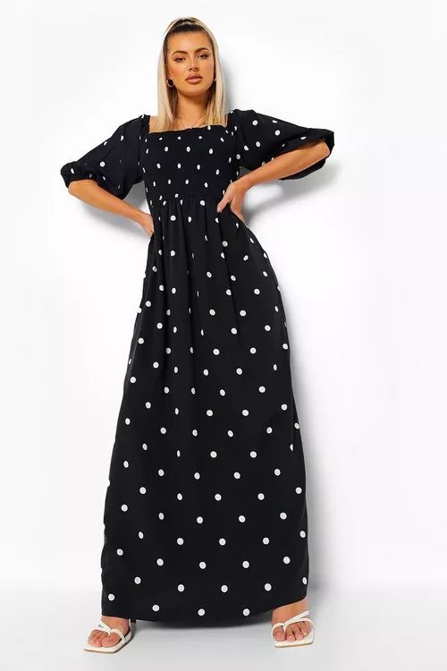 Polka Dot Balloon Sleeve Shirred Maxi Dress | Boohoo.com (UK & IE)