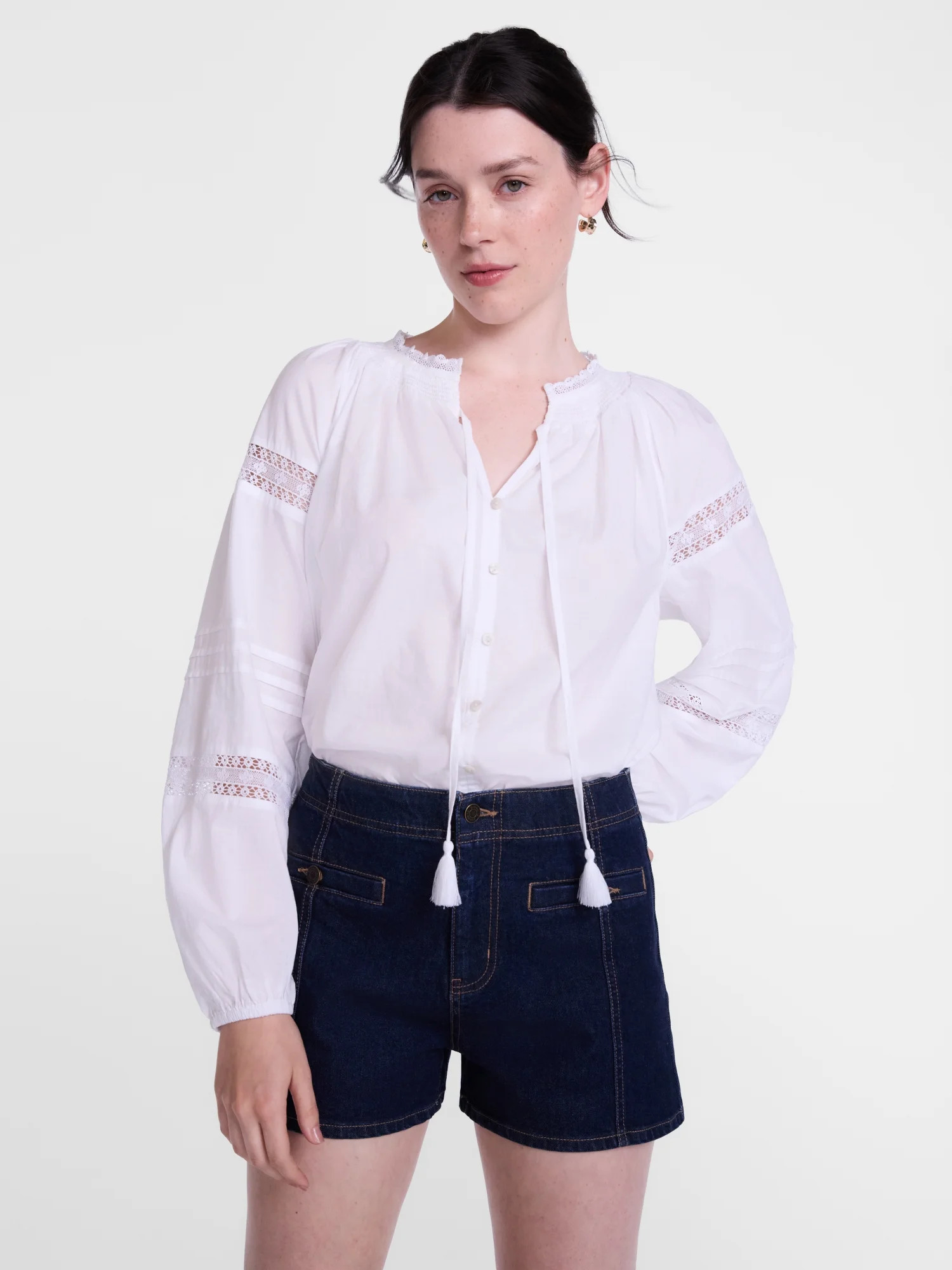 Scenario Women's and Women's Plus Smocked Neck Top with Lace Inserts, Sizes XS-4X | Walmart (US)