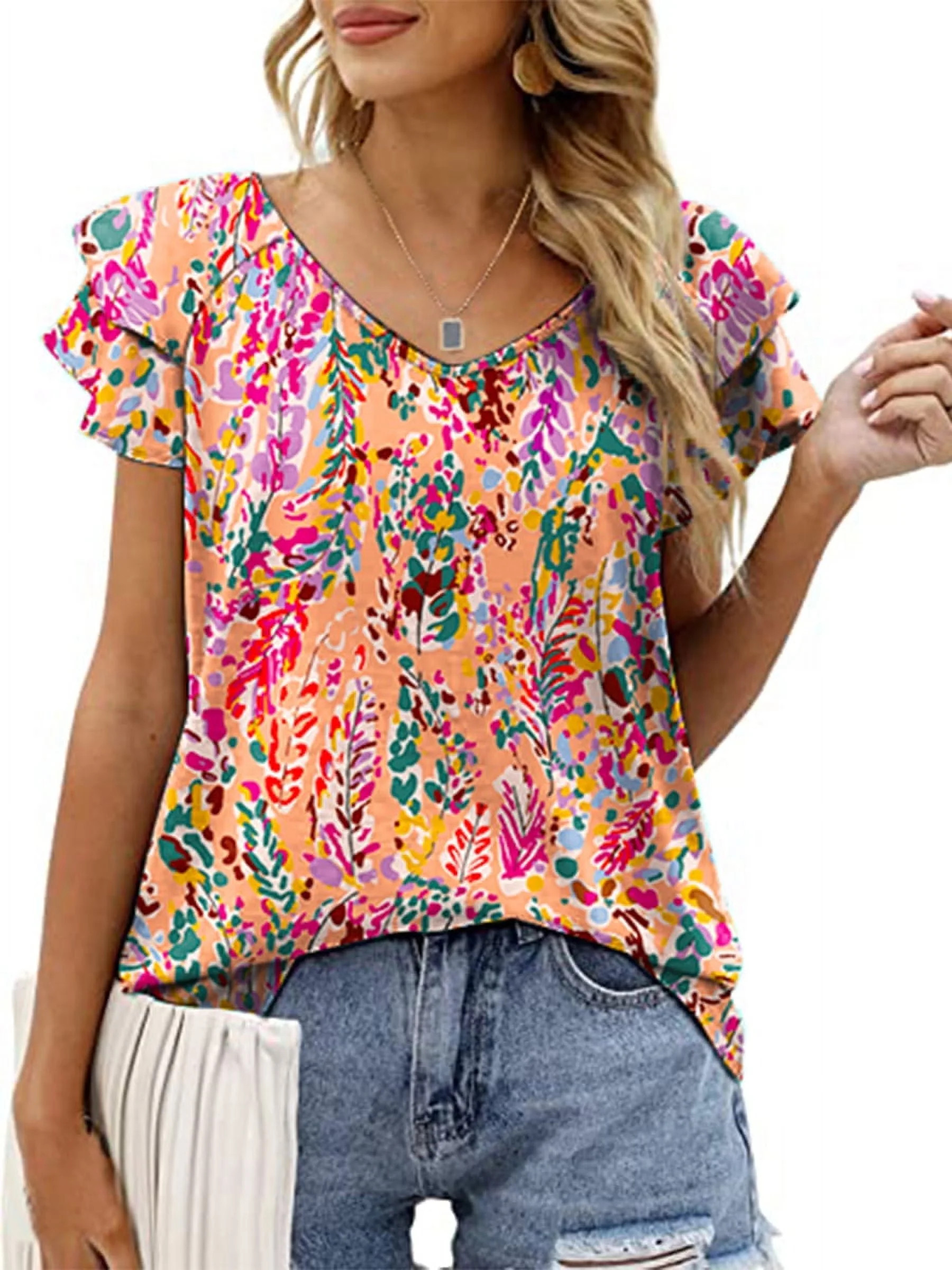 Mengpipi Womens Tops Summer Double Ruffle Short Sleeve V-Neck Casual Blouses, Colorful Leaves-L(U... | Walmart (US)