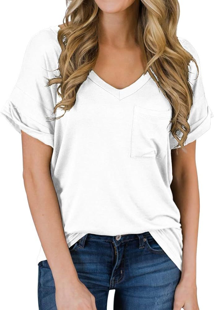 PrinStory Women's Casual Tops Short Sleeve V-Neck Shirts Loose Blouse Basic Tee T-Shirt | Amazon (US)