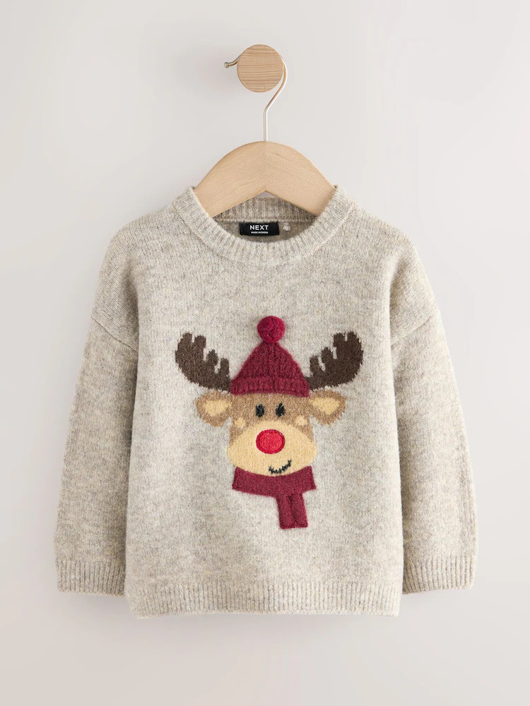 Neutral/Grey Reindeer Knitted Christmas Jumper (3mths-7yrs) | Next EU