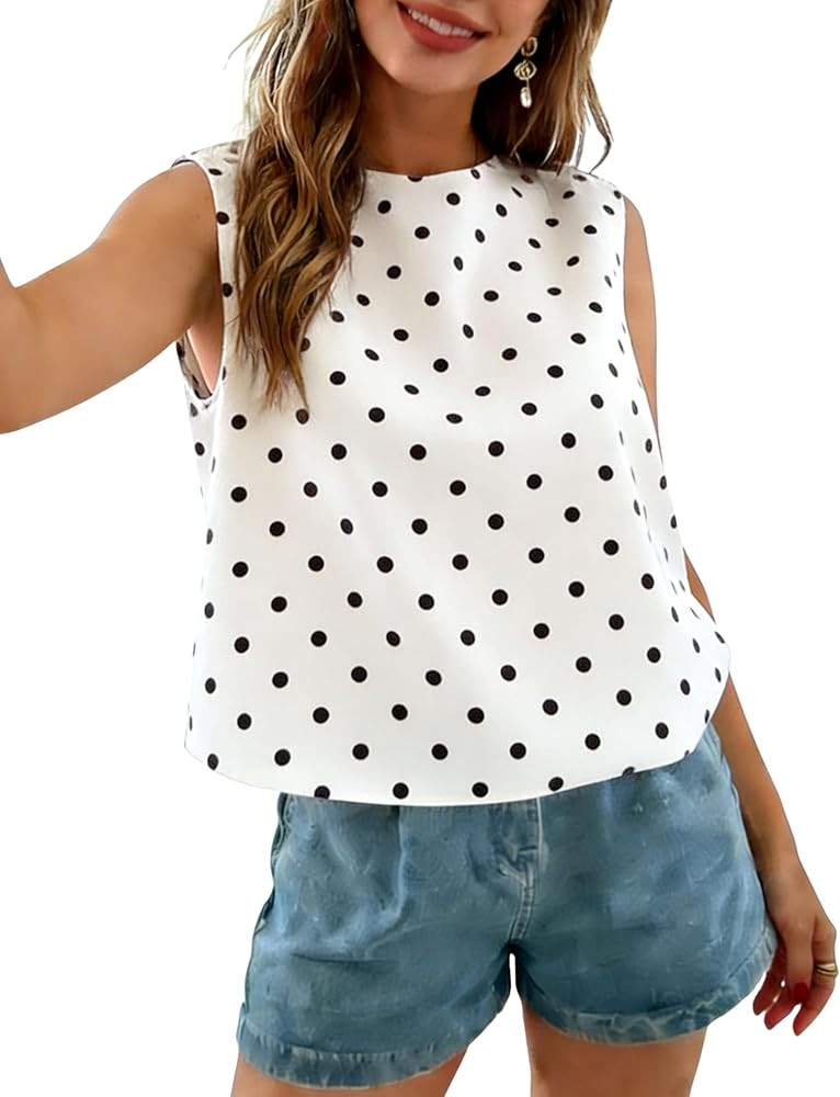 Xiaoxuemeng Womens Polka Dot Top Sleeveless Tank Tops Crewneck Casual Summer Blouse with Bow Tie | Amazon (US)