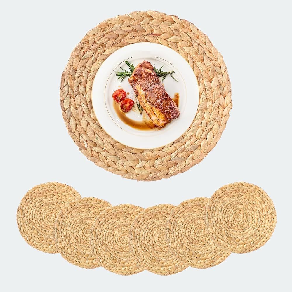 AHCHITUH Round Woven Placemat, Woven Placemats Set 6, Water Hyacinth Placemats, Rattan Placemats,... | Amazon (US)