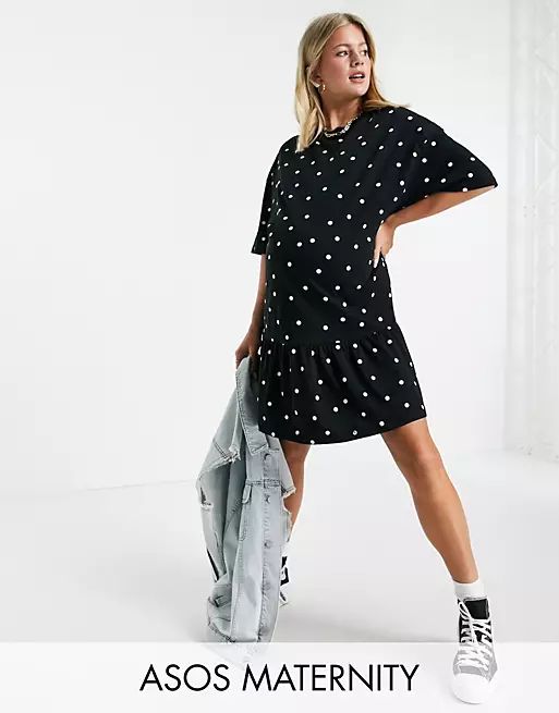 ASOS DESIGN Maternity oversized T-shirt dress with ruffle hem in mono dot | ASOS (Global)