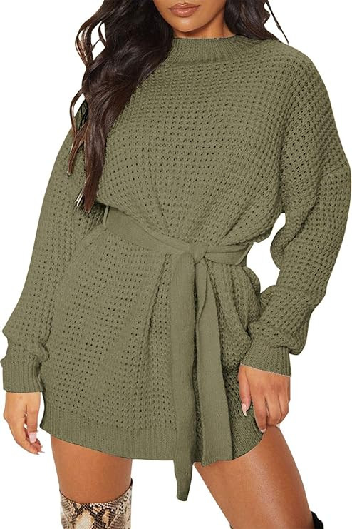ZESICA Women's Long Sleeve Solid Color Waffle Knitted Tie Wasit Tunic Pullover Sweater Dress | Amazon (US)