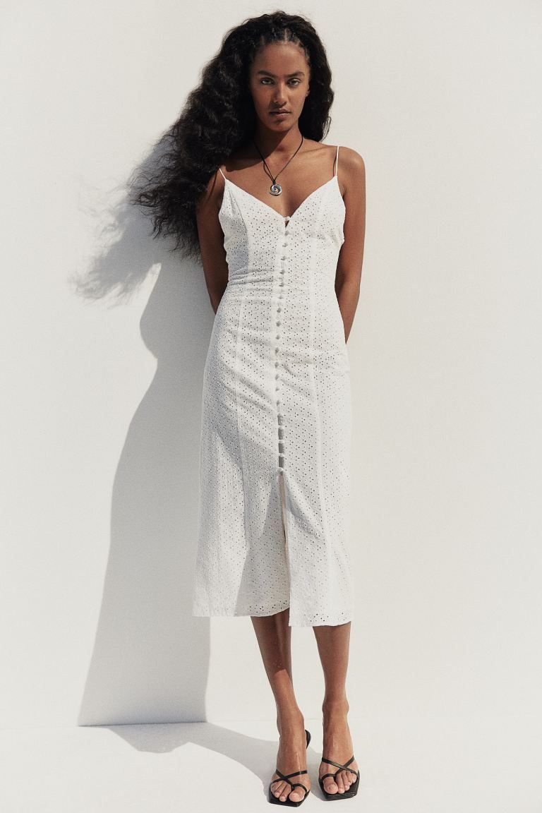 Button-front Eyelet Embroidery Dress - V-neck - Sleeveless - White - Ladies | H&M US | H&M (US + CA)