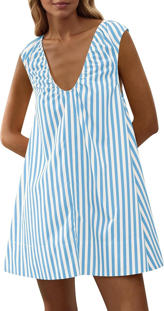 Women's Sleeveless Babydoll Tank Mini Dress Scoop Neck Ruched Bubble Dress with Pockets Short Sum... | Amazon (US)