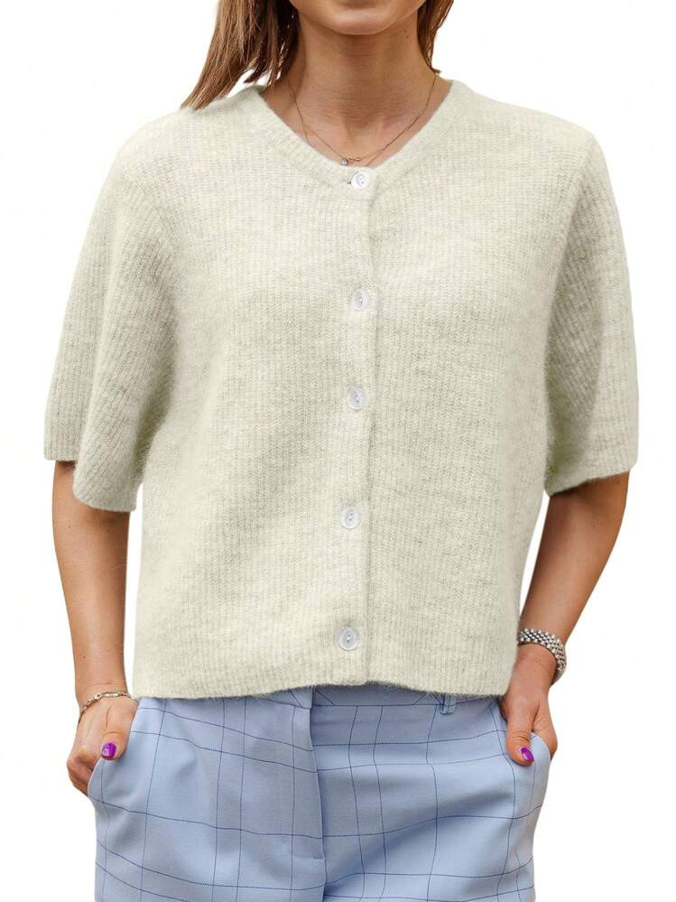 Women's Solid Color Cardigan Short Sleeve Round Neck Button Down Sweater Knit Tops | SHEIN